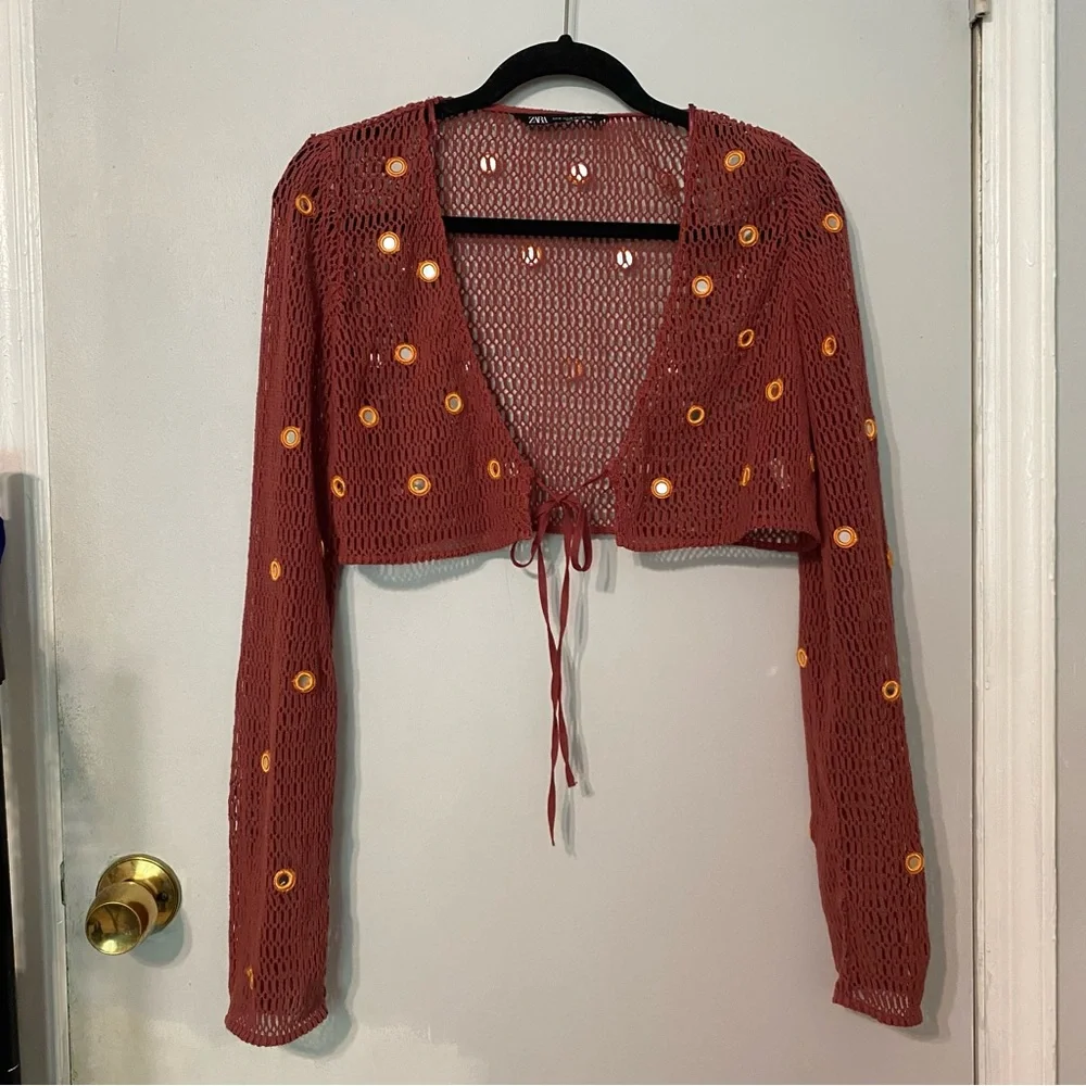 {Zara} Mesh Cropped Cardigan / Swim Cover With Mirror Details ~ Size Medium